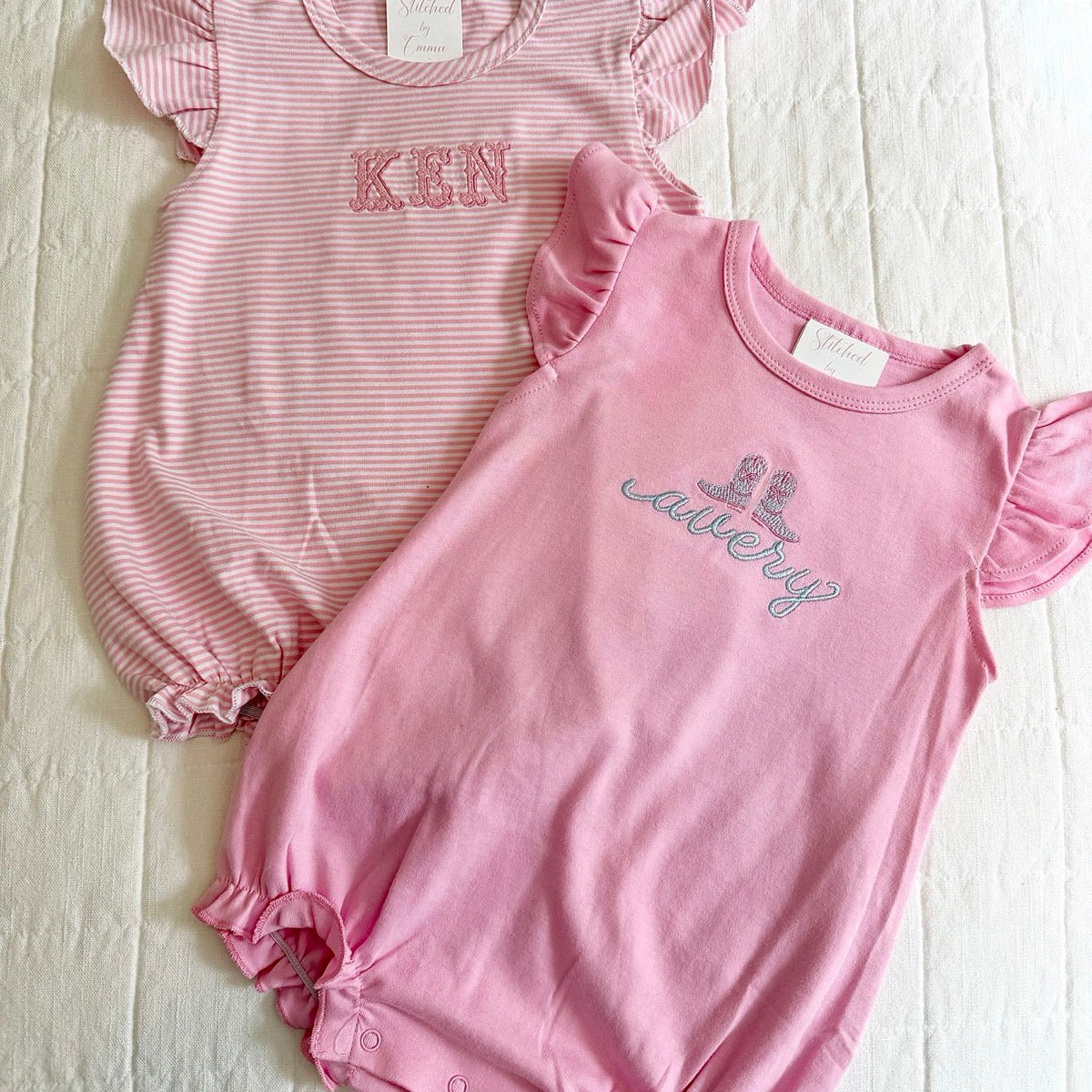 Pink personalized KEN and Avery bubble outfits