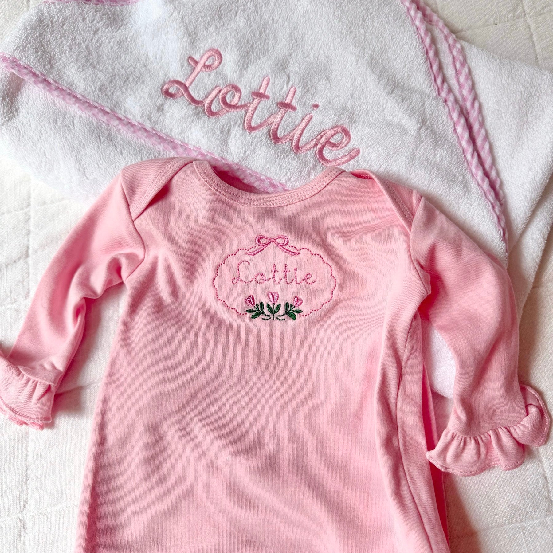 Pink Lottie embroidered outfit with hooded towel