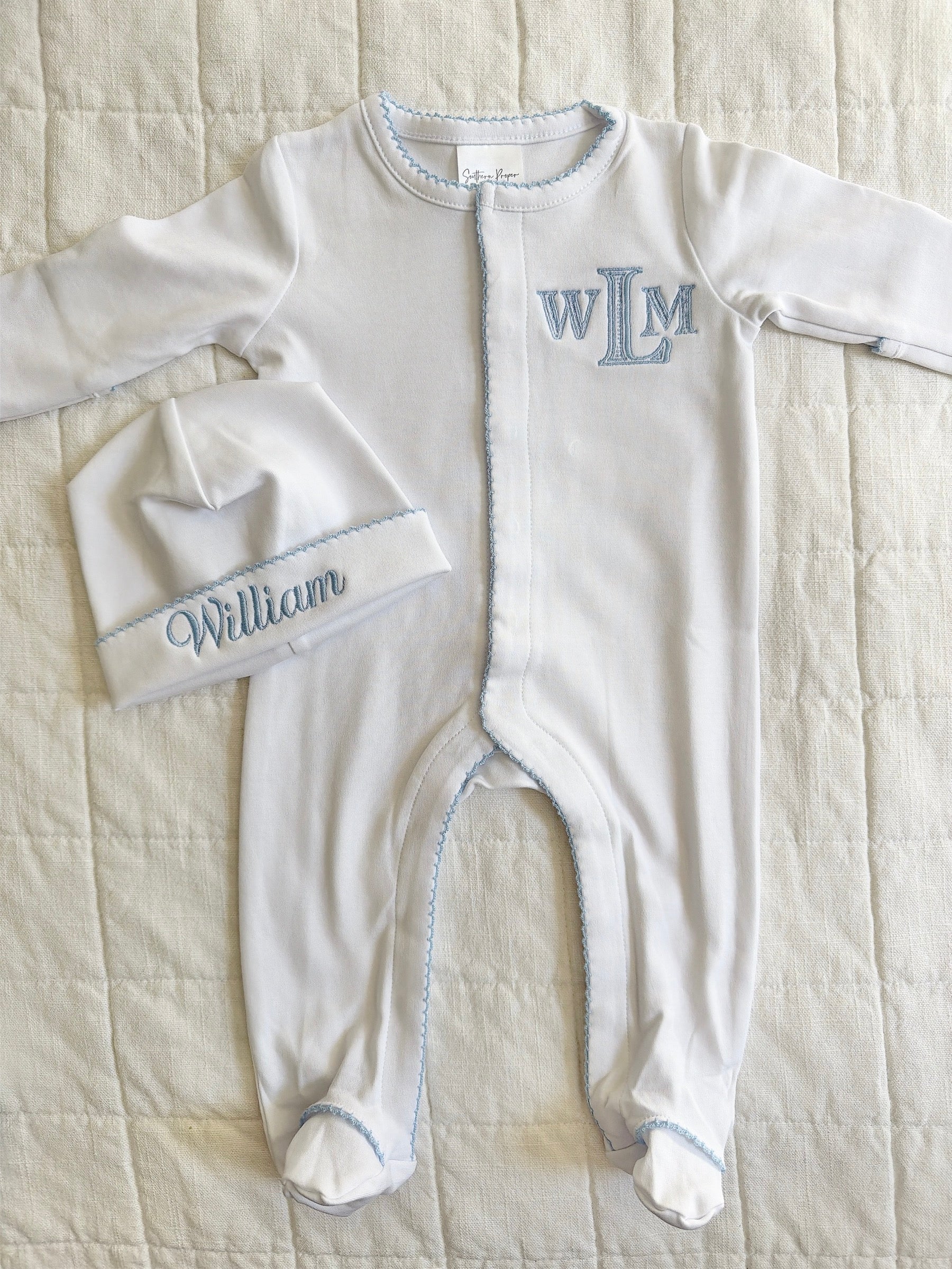 Blue William monogrammed baby outfit and hat